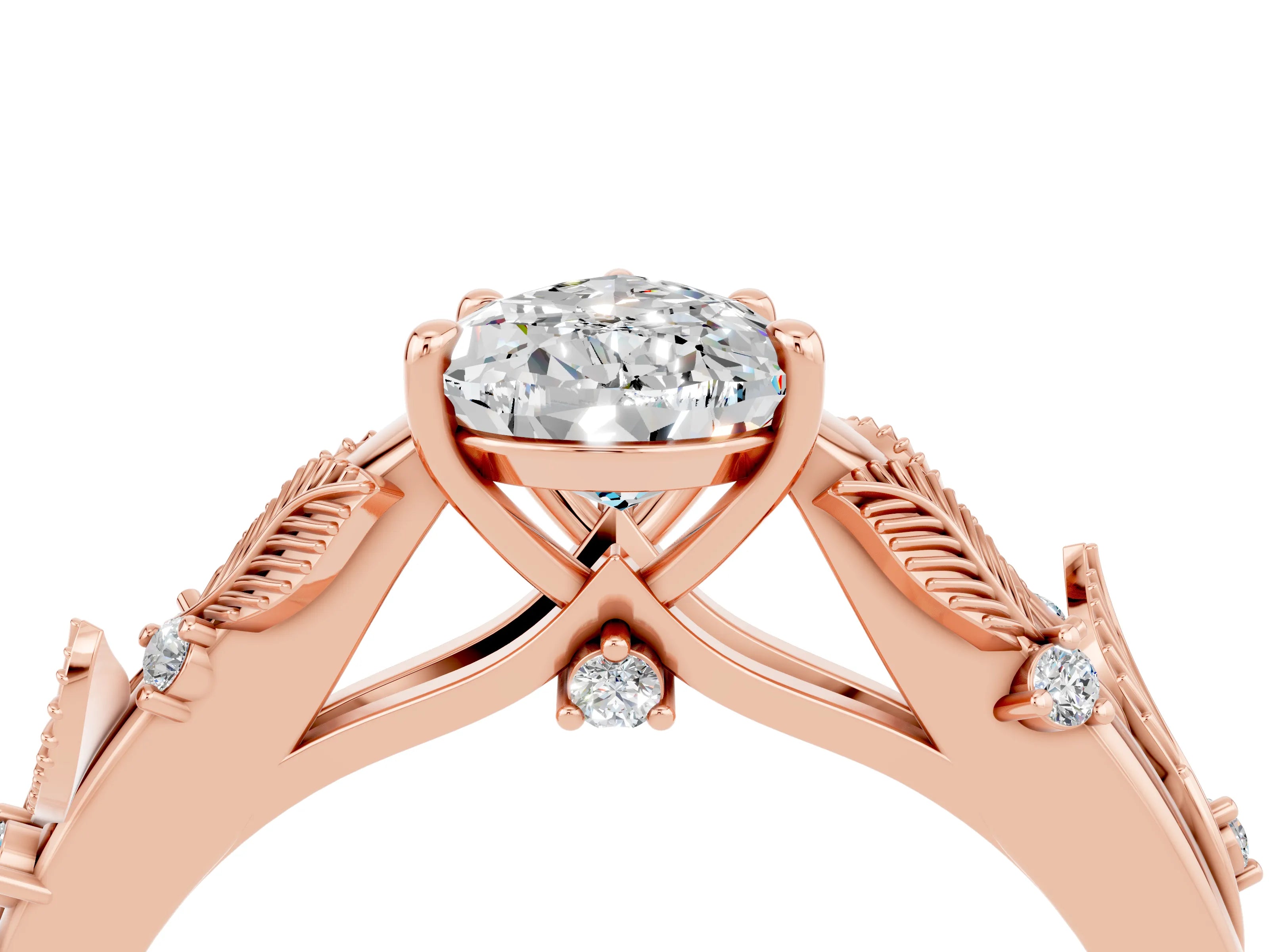 Rose gold Pear Cut Moissanite Solitaire Ring with Leaf Motif Band and Four-Prong Setting_4
