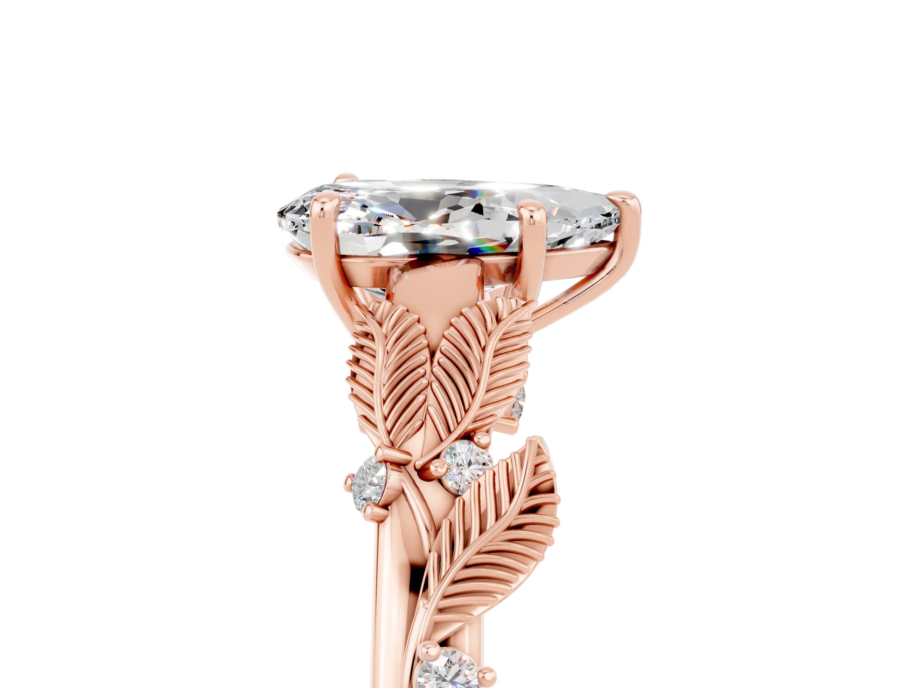 Rose gold Pear Cut Moissanite Solitaire Ring with Leaf Motif Band and Four-Prong Setting_5