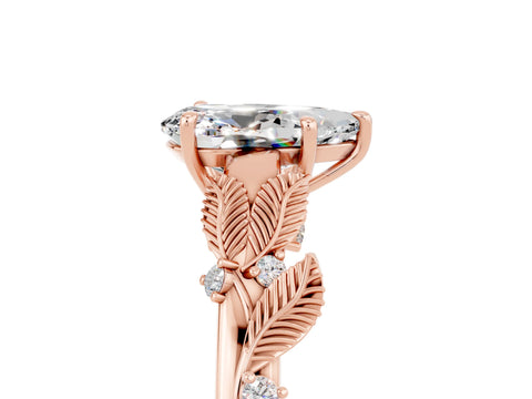 Rose gold Pear Cut Moissanite Solitaire Ring with Leaf Motif Band and Four-Prong Setting_5