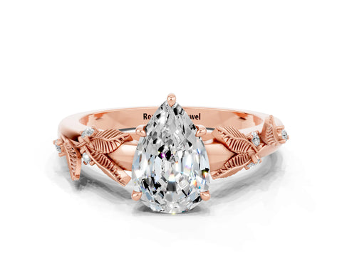 Rose gold Pear Cut Moissanite Solitaire Ring with Leaf Motif Band and Four-Prong Setting