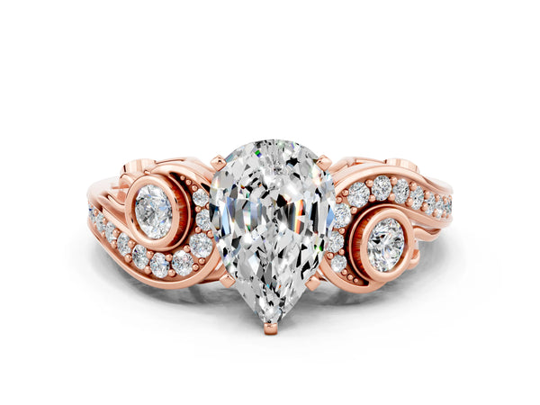 Rose gold Pear Cut Moissanite Solitaire Ring with Milgrain Pavé Band and Four-Prong Setting
