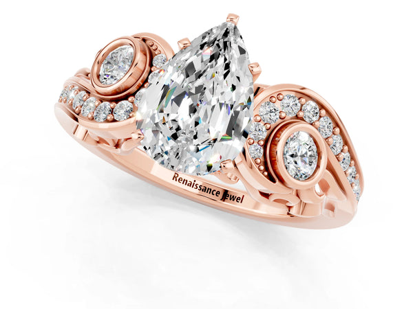 Rose gold Pear Cut Moissanite Solitaire Ring with Milgrain Pavé Band and Four-Prong Setting