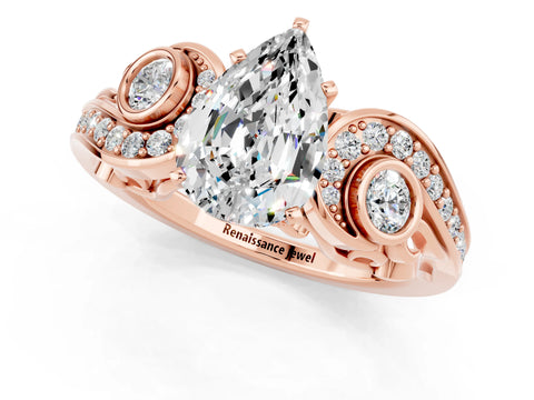 Rose gold Pear Cut Moissanite Solitaire Ring with Milgrain Pavé Band and Four-Prong Setting_25