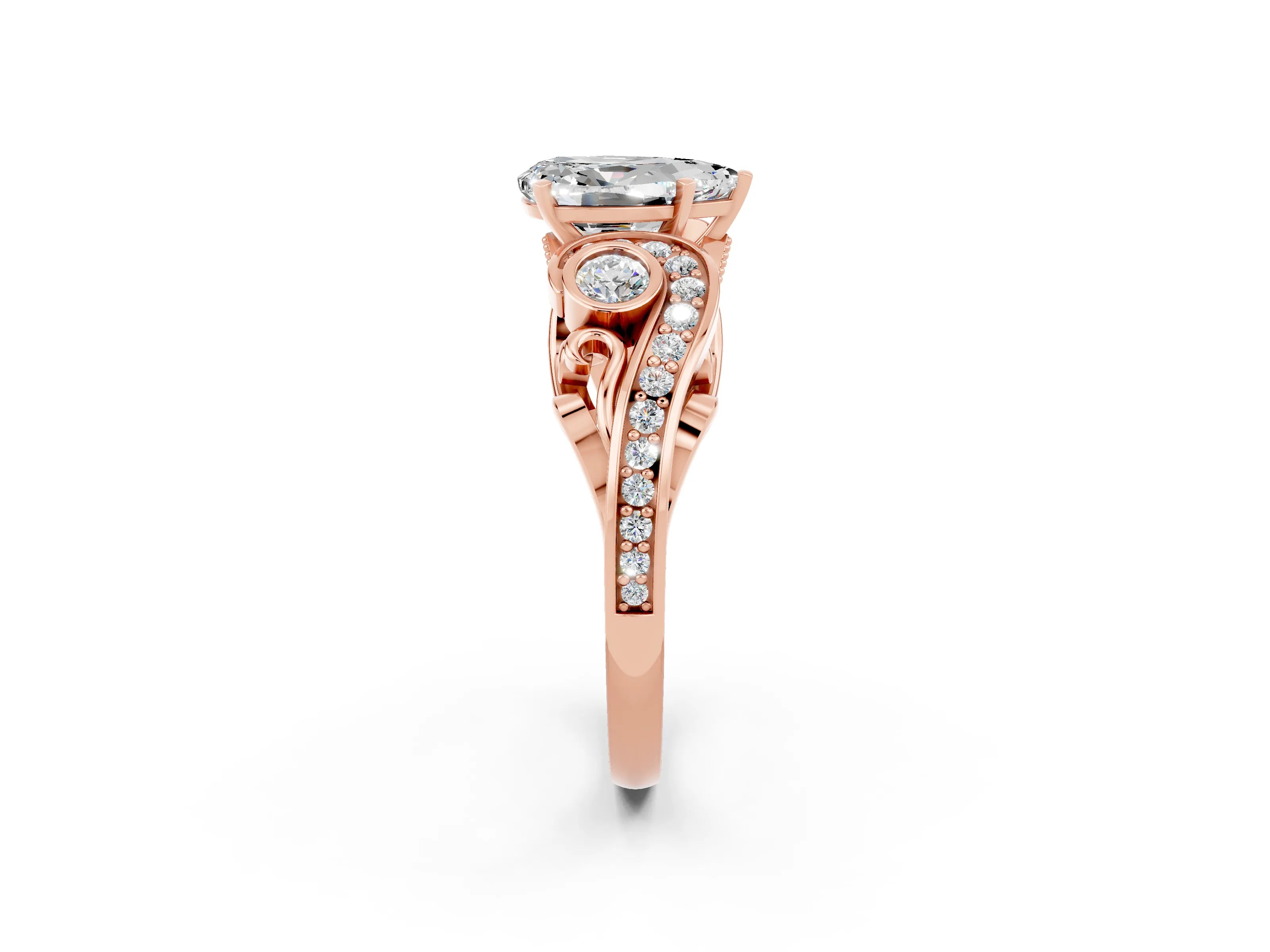 Rose gold Pear Cut Moissanite Solitaire Ring with Milgrain Pavé Band and Four-Prong Setting_26