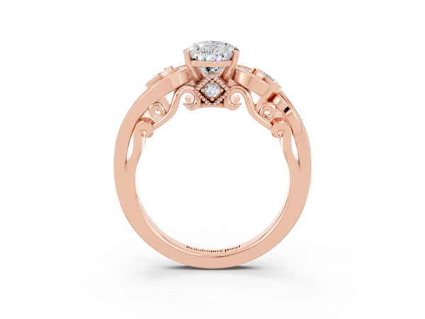 Rose gold Pear Cut Moissanite Solitaire Ring with Milgrain Pavé Band and Four-Prong Setting