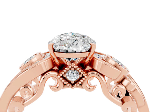 Rose gold Pear Cut Moissanite Solitaire Ring with Milgrain Pavé Band and Four-Prong Setting_28