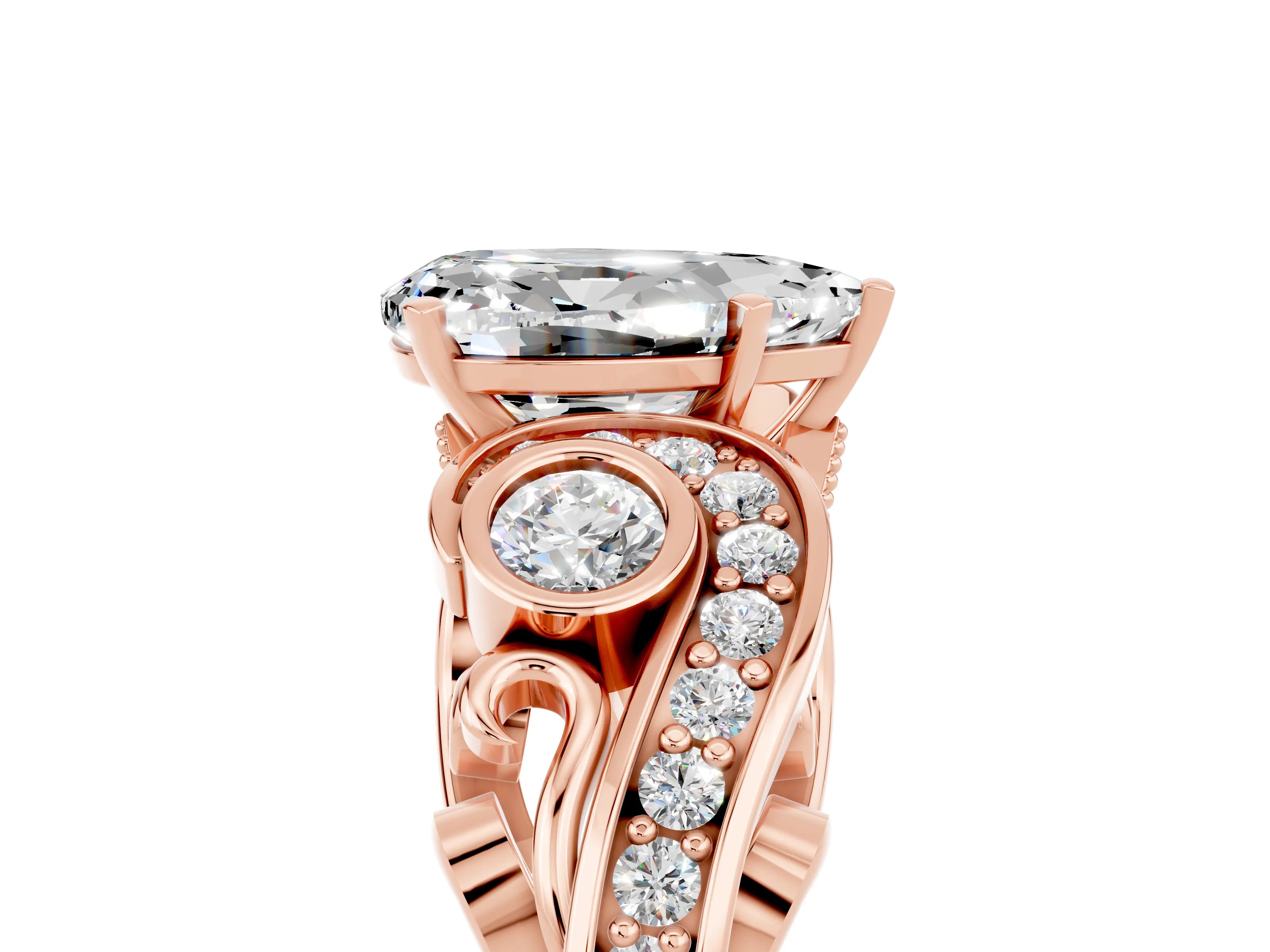 Rose gold Pear Cut Moissanite Solitaire Ring with Milgrain Pavé Band and Four-Prong Setting_29