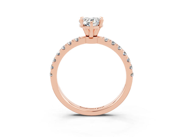 Rose gold Pear Cut Moissanite Solitaire Ring with Pavé Accents and Four-Prong Setting