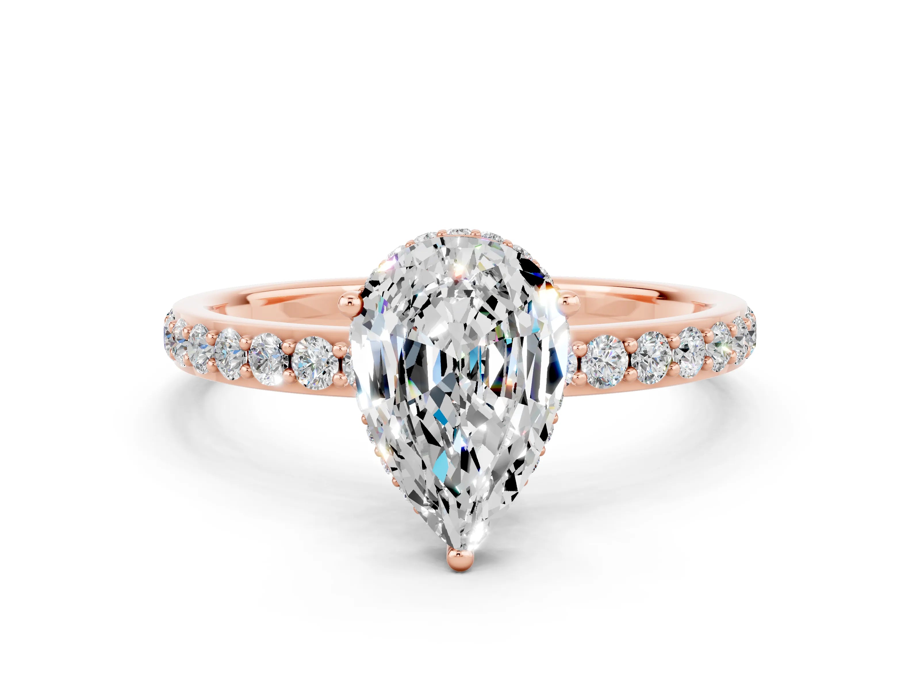 Rose gold Pear Cut Moissanite Solitaire Ring with Pavé Band and Hidden Halo_12