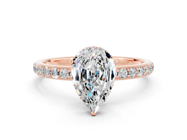 Rose gold Pear Cut Moissanite Solitaire Ring with Pavé Band and Hidden Halo