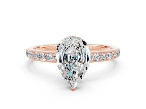 Rose gold Pear Cut Moissanite Solitaire Ring with Pavé Band and Hidden Halo_12