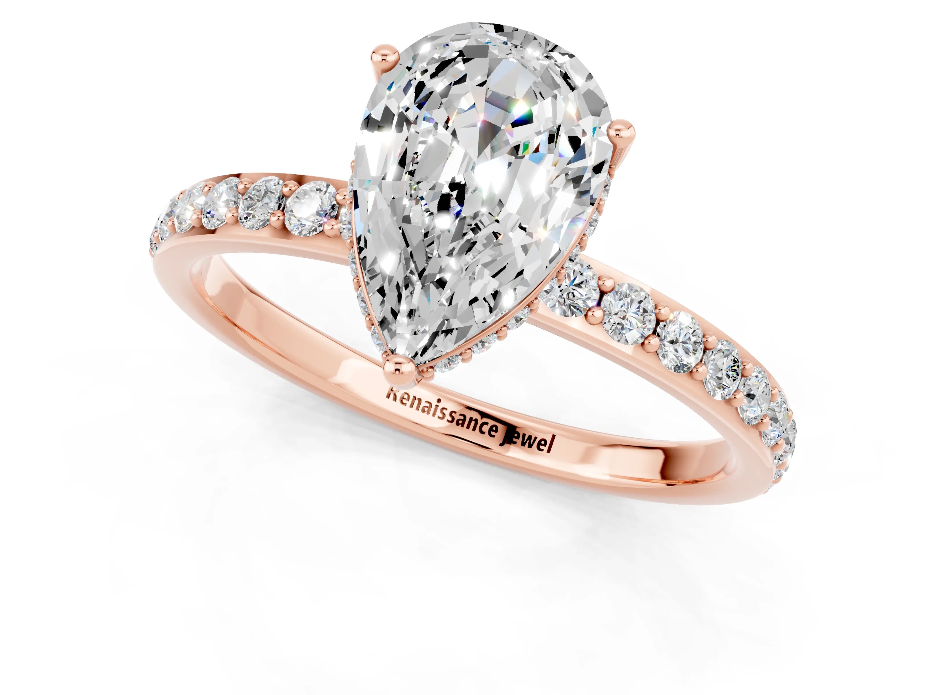 Rose gold Pear Cut Moissanite Solitaire Ring with Pavé Band and Hidden Halo_13