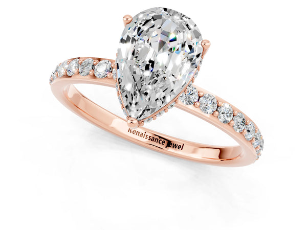 Rose gold Pear Cut Moissanite Solitaire Ring with Pavé Band and Hidden Halo