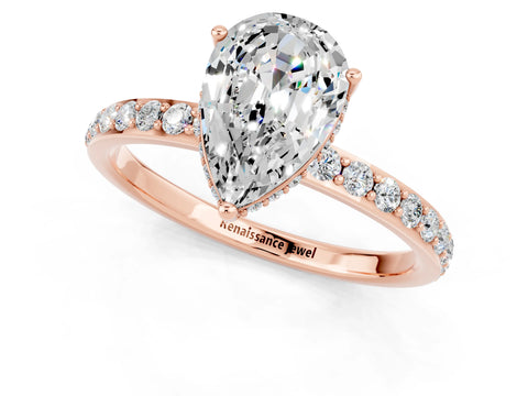 Rose gold Pear Cut Moissanite Solitaire Ring with Pavé Band and Hidden Halo_13