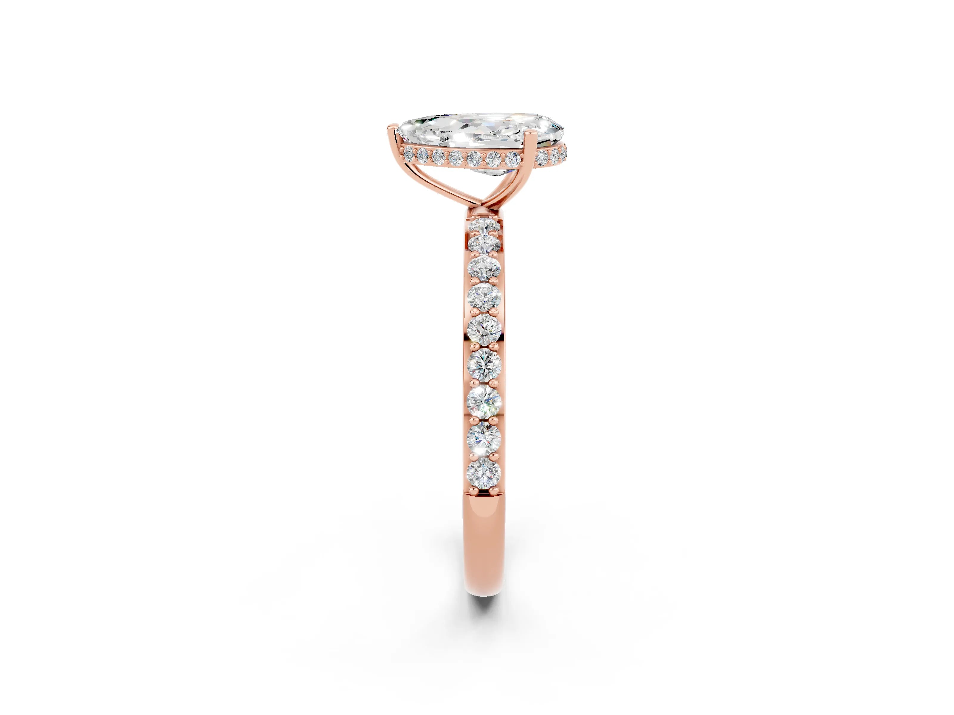 Rose gold Pear Cut Moissanite Solitaire Ring with Pavé Band and Hidden Halo_14