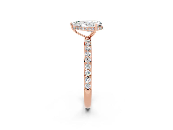 Rose gold Pear Cut Moissanite Solitaire Ring with Pavé Band and Hidden Halo