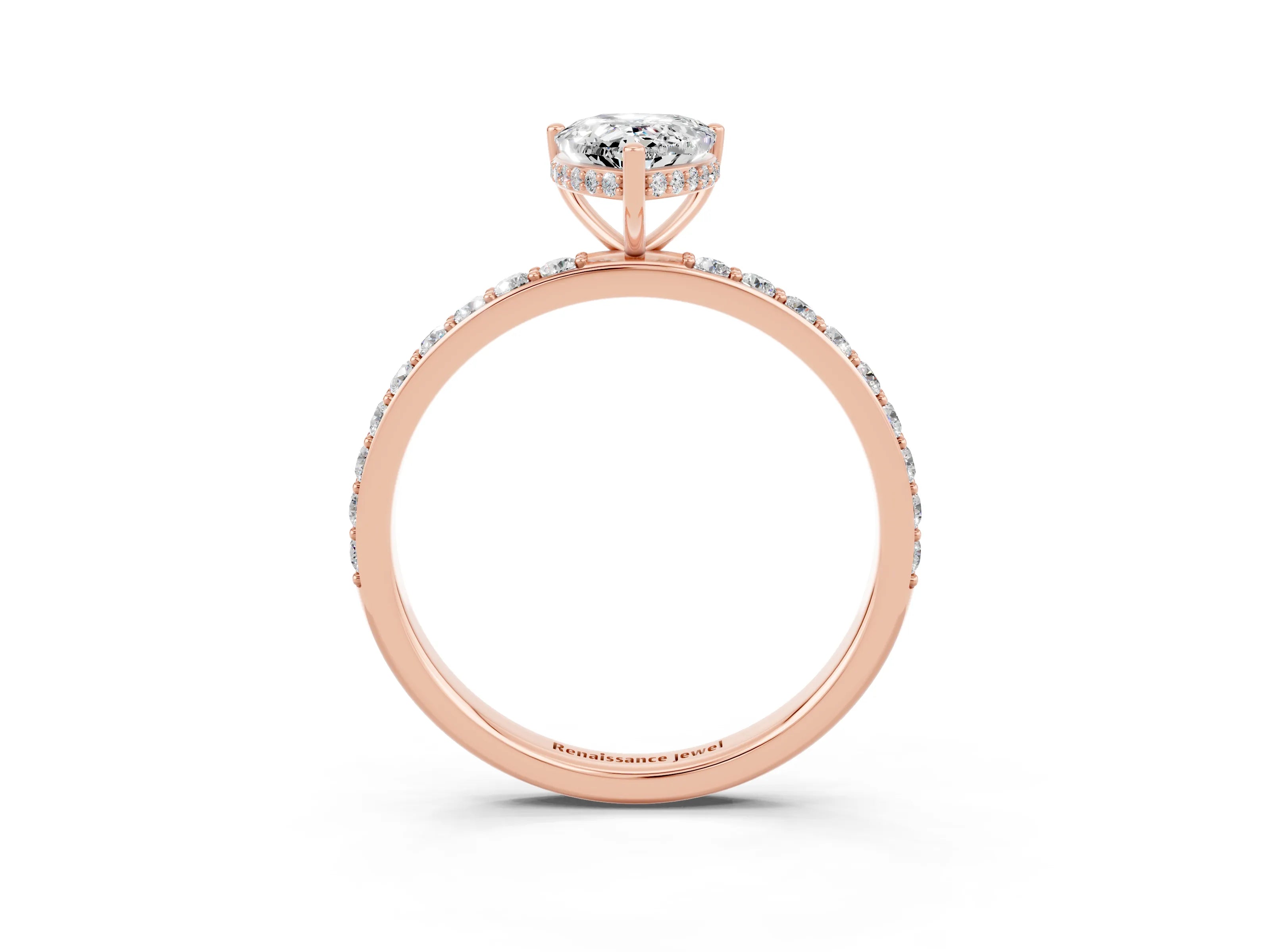 Rose gold Pear Cut Moissanite Solitaire Ring with Pavé Band and Hidden Halo_15