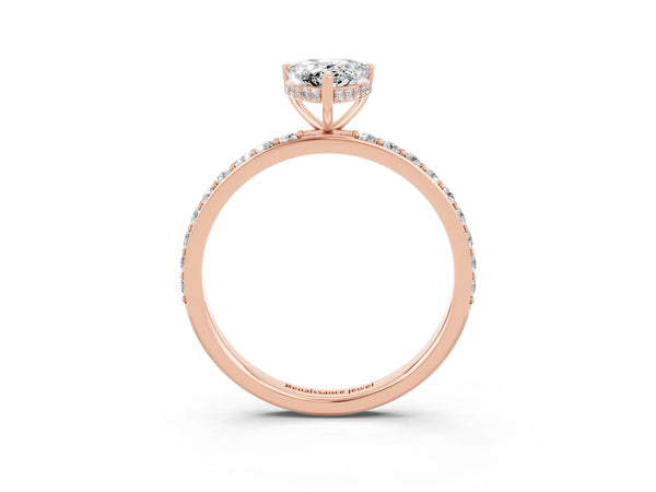 Rose gold Pear Cut Moissanite Solitaire Ring with Pavé Band and Hidden Halo