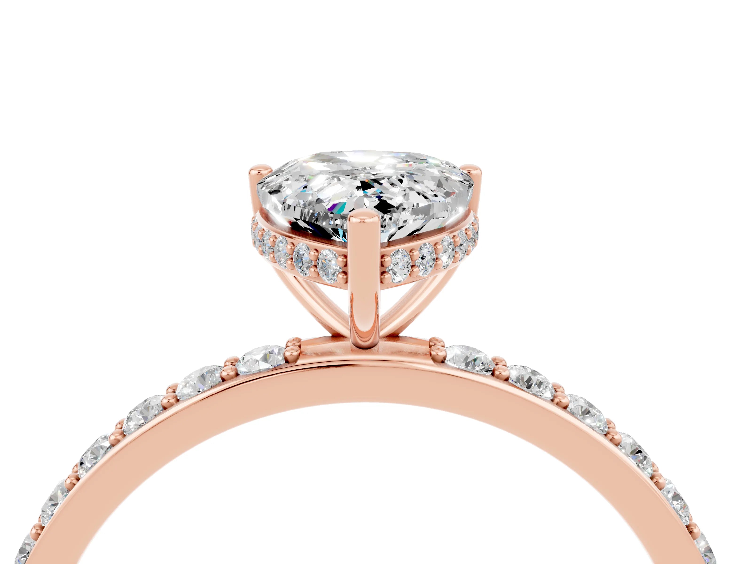 Rose gold Pear Cut Moissanite Solitaire Ring with Pavé Band and Hidden Halo_16