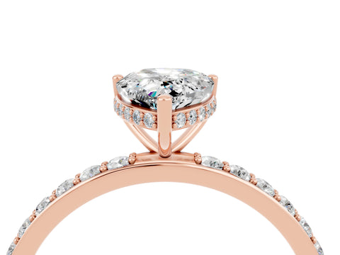 Rose gold Pear Cut Moissanite Solitaire Ring with Pavé Band and Hidden Halo_16