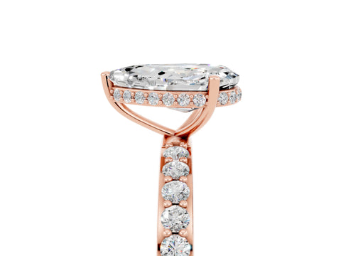 Rose gold Pear Cut Moissanite Solitaire Ring with Pavé Band and Hidden Halo_17