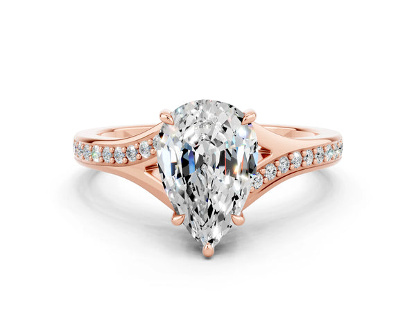 Rose gold Pear Cut Moissanite Solitaire Ring with Pavé Band and Prong Setting