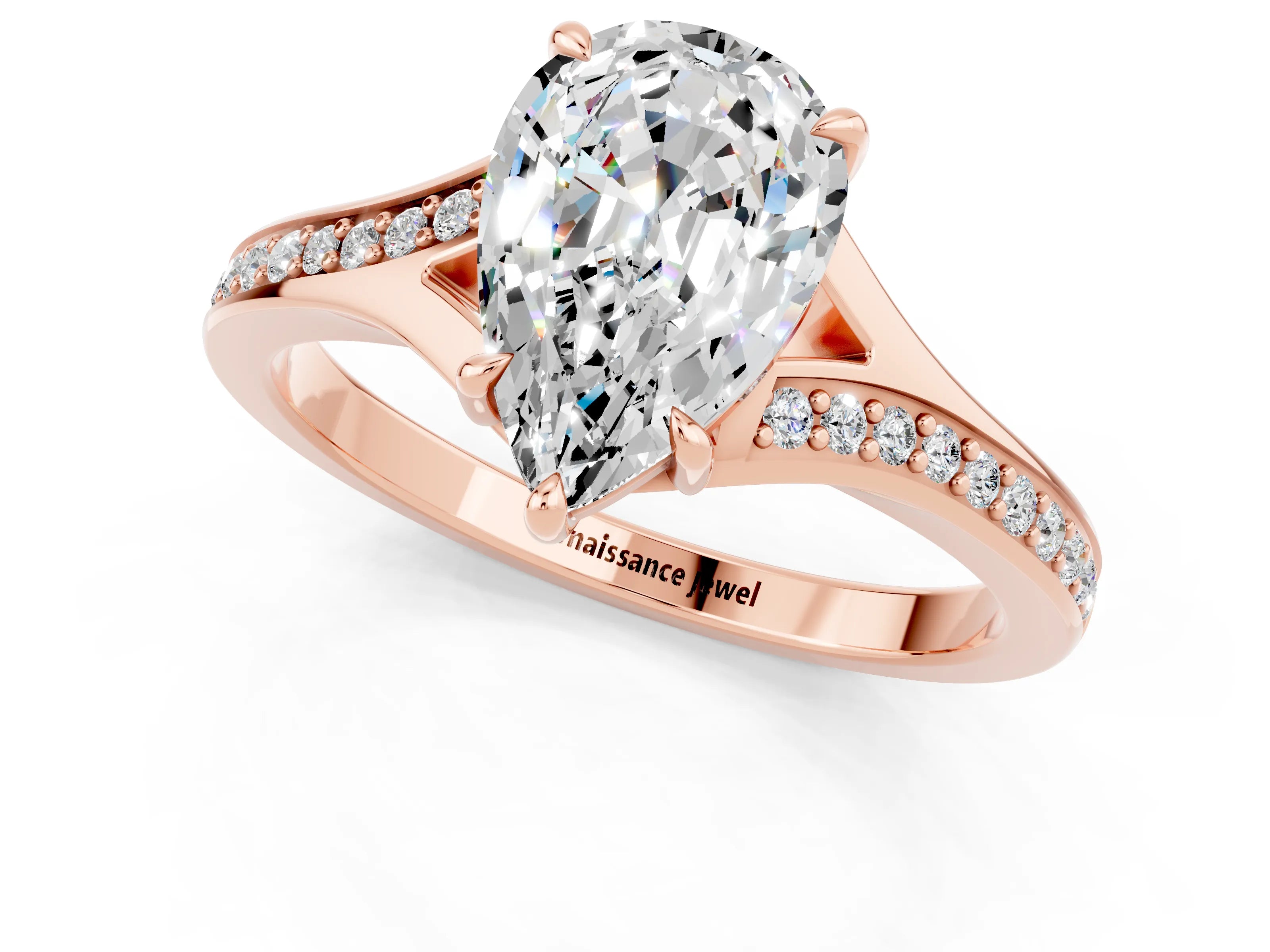 Rose gold Pear Cut Moissanite Solitaire Ring with Pavé Band and Prong Setting_13