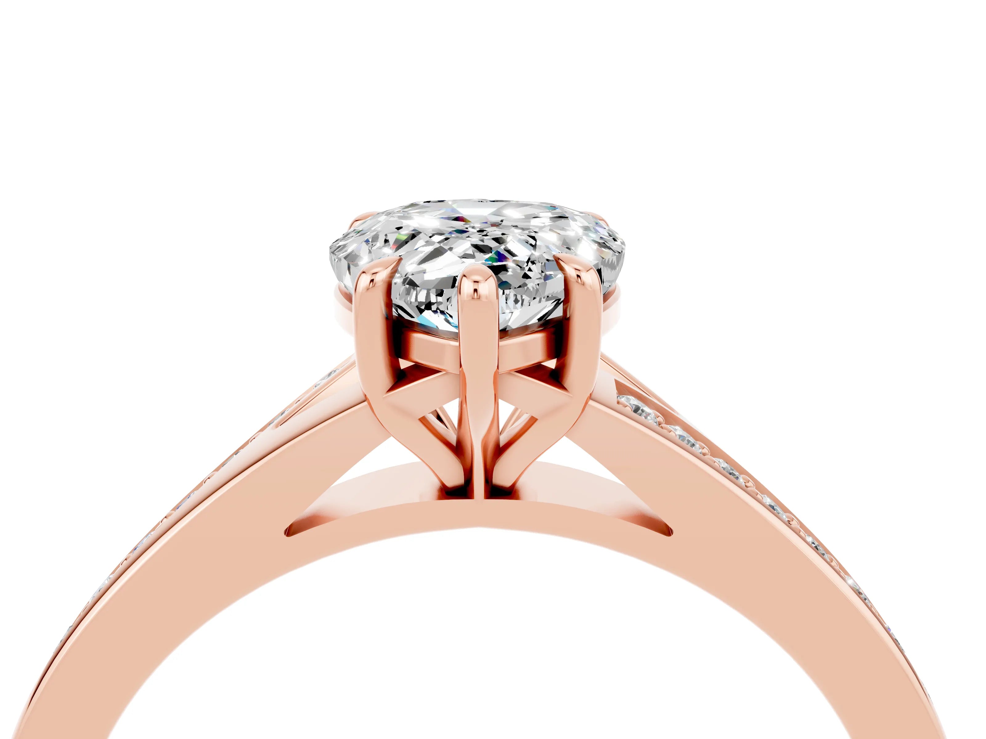 Rose gold Pear Cut Moissanite Solitaire Ring with Pavé Band and Prong Setting_16
