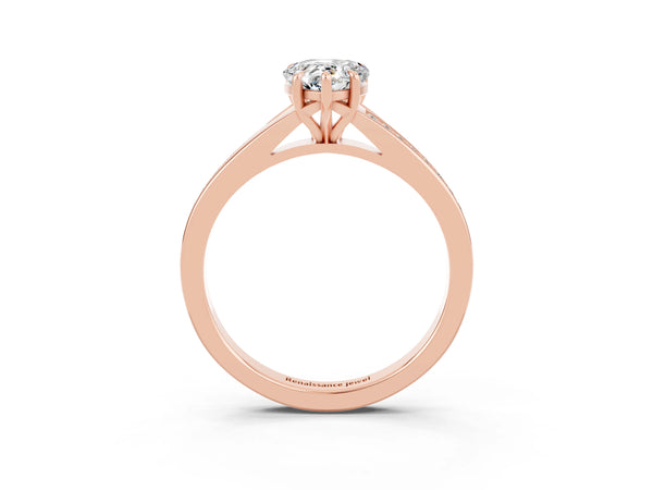 Rose gold Pear Cut Moissanite Solitaire Ring with Pavé Band and Prong Setting