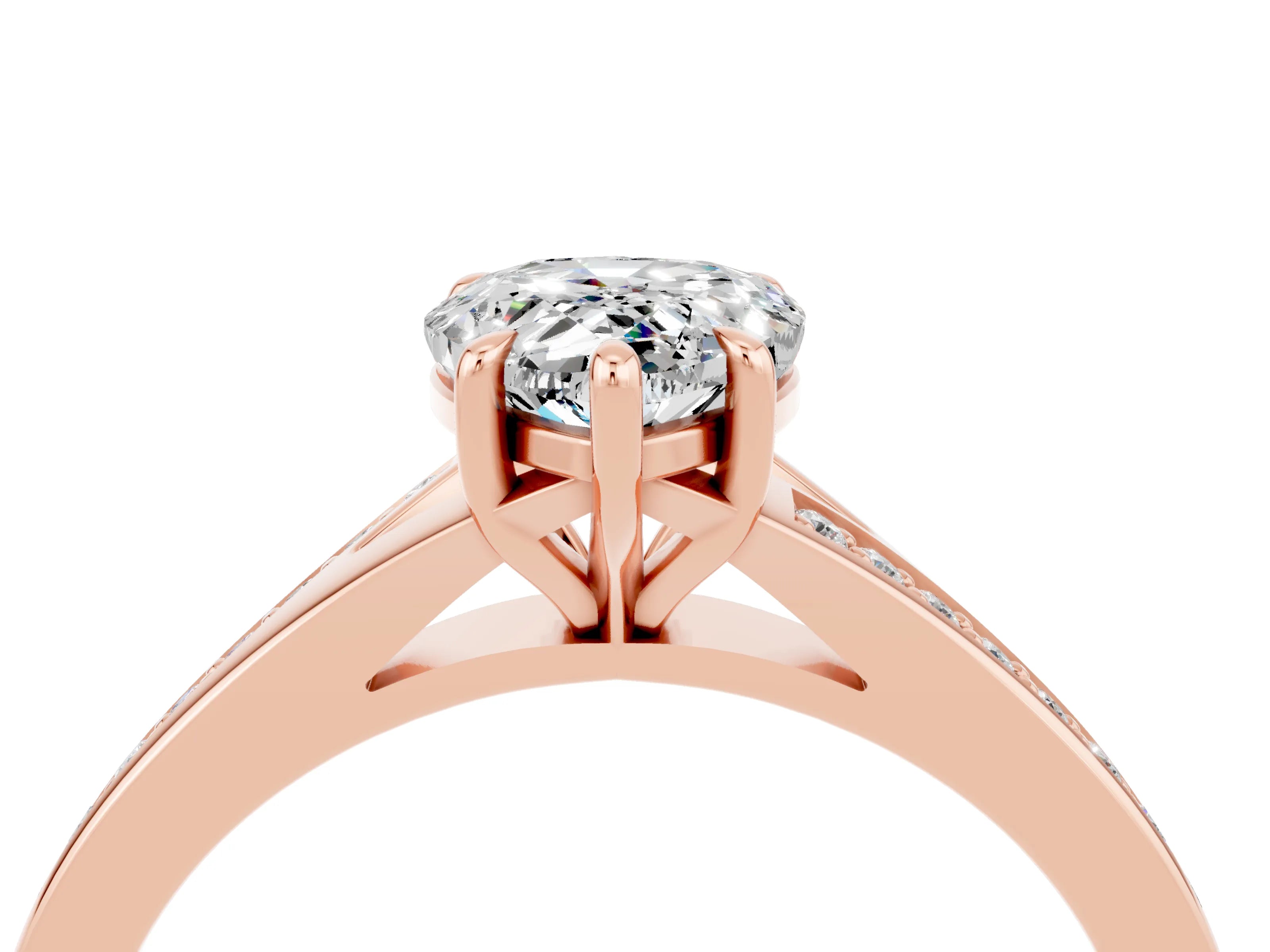 Rose gold Pear Cut Moissanite Solitaire Ring with Pavé Band and Prong Setting_4