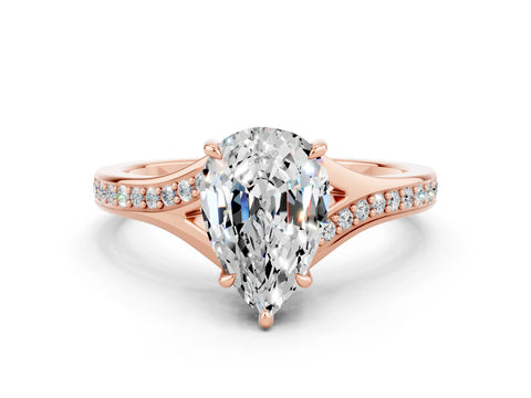 Rose gold Pear Cut Moissanite Solitaire Ring with Pavé Band and Prong Setting