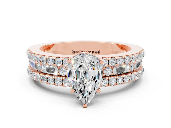 Rose gold Pear Cut Moissanite Solitaire Ring with Pavé and Channel Set Band