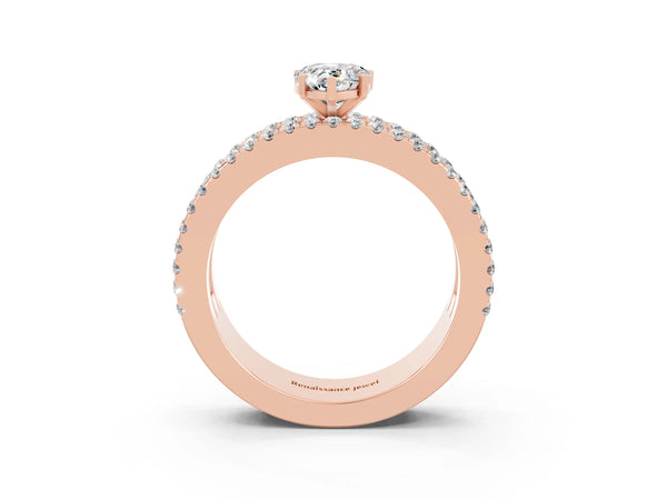 Rose gold Pear Cut Moissanite Solitaire Ring with Pavé and Channel Set Band