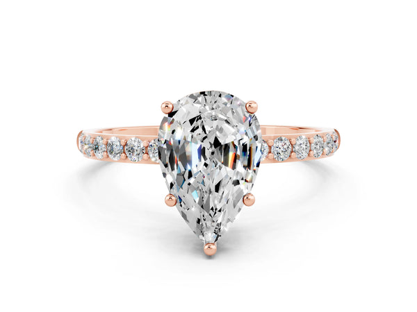 Rose gold Pear Cut Moissanite Solitaire Ring with Round  Pavé Band and Prong Setting