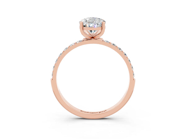 Rose gold Pear Cut Moissanite Solitaire Ring with Round  Pavé Band and Prong Setting