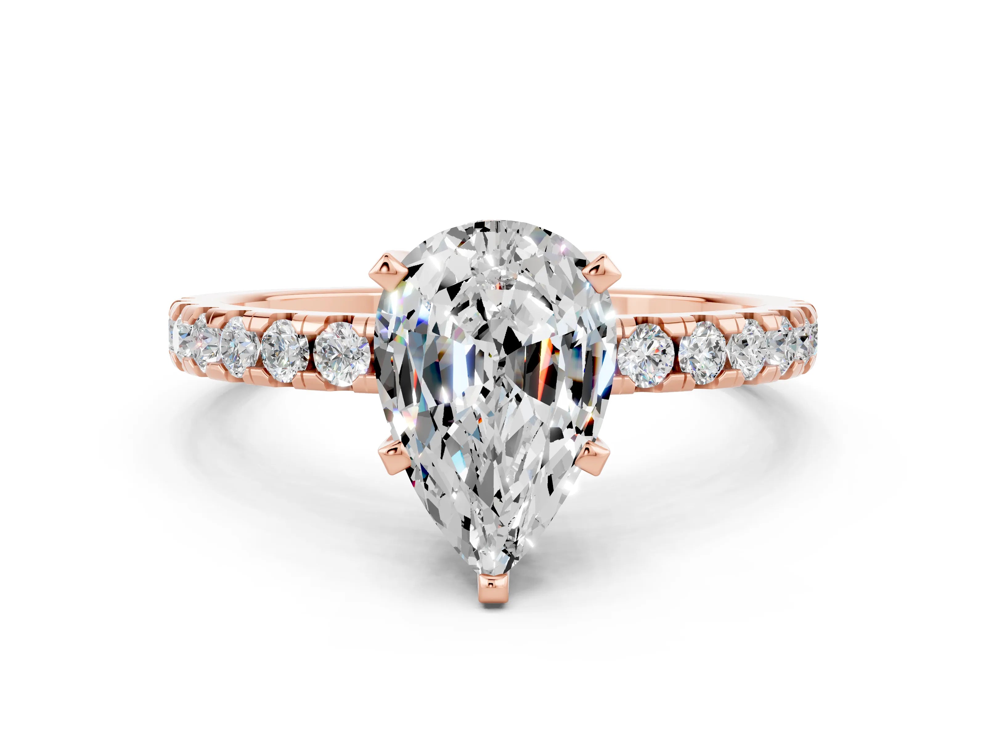 Rose gold Pear Cut Moissanite Solitaire Ring with Round  Pavé Band and Four-Prong Setting_42