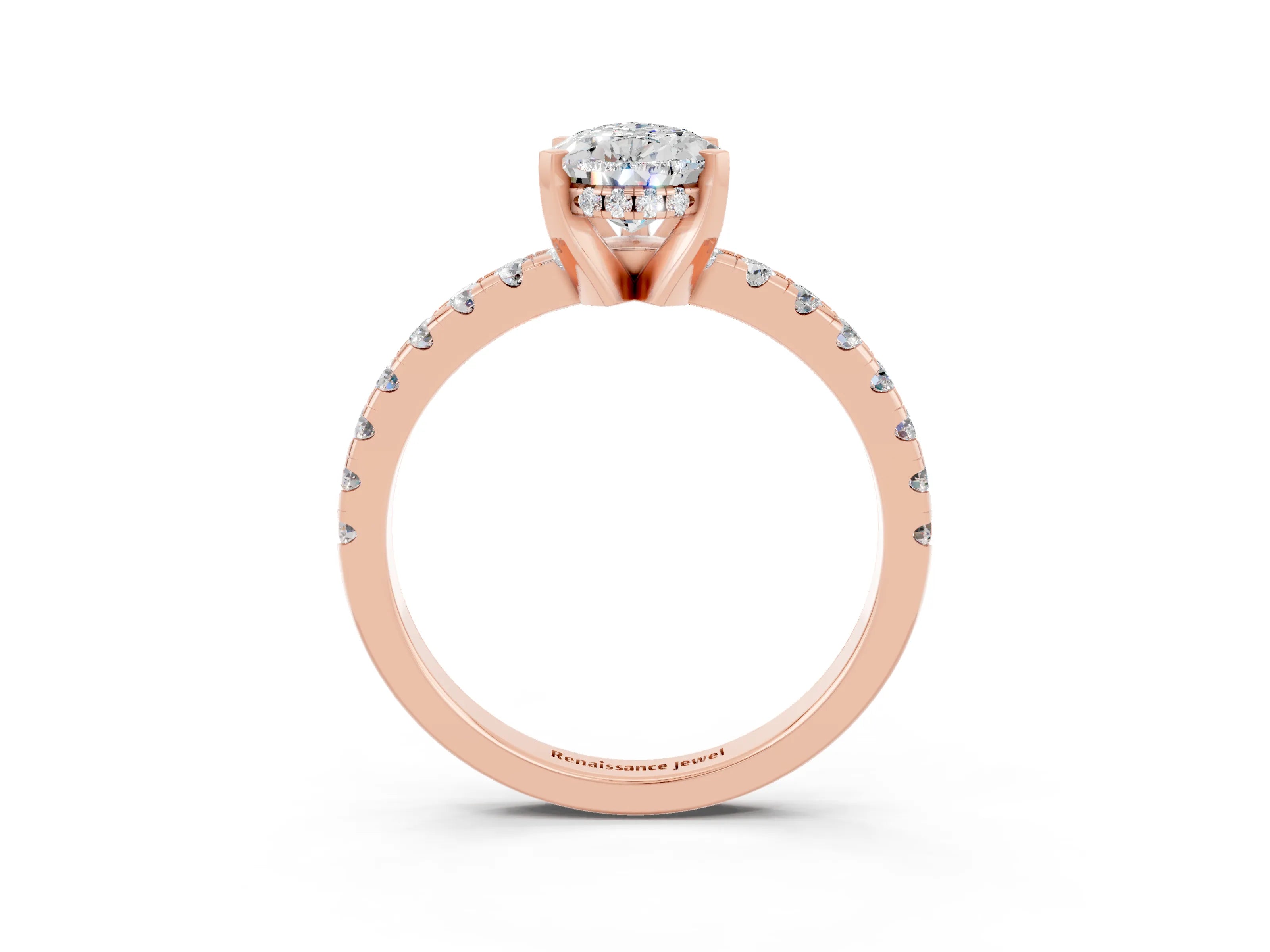 Rose gold Pear Cut Moissanite Solitaire Ring with Round  Pavé Band and Four-Prong Setting_45