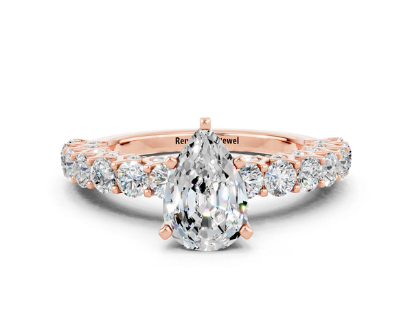 Rose gold Pear Cut Moissanite Solitaire Ring with Shared Prong Pavé Band and Four-Prong Setting