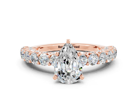 Rose gold Pear Cut Moissanite Solitaire Ring with Shared Prong Pavé Band and Four-Prong Setting_12