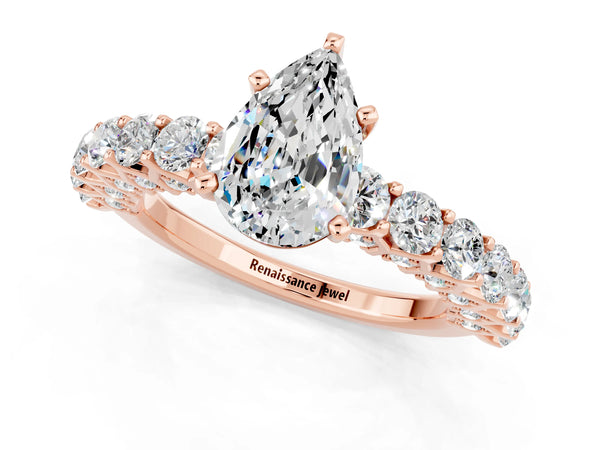 Rose gold Pear Cut Moissanite Solitaire Ring with Shared Prong Pavé Band and Four-Prong Setting