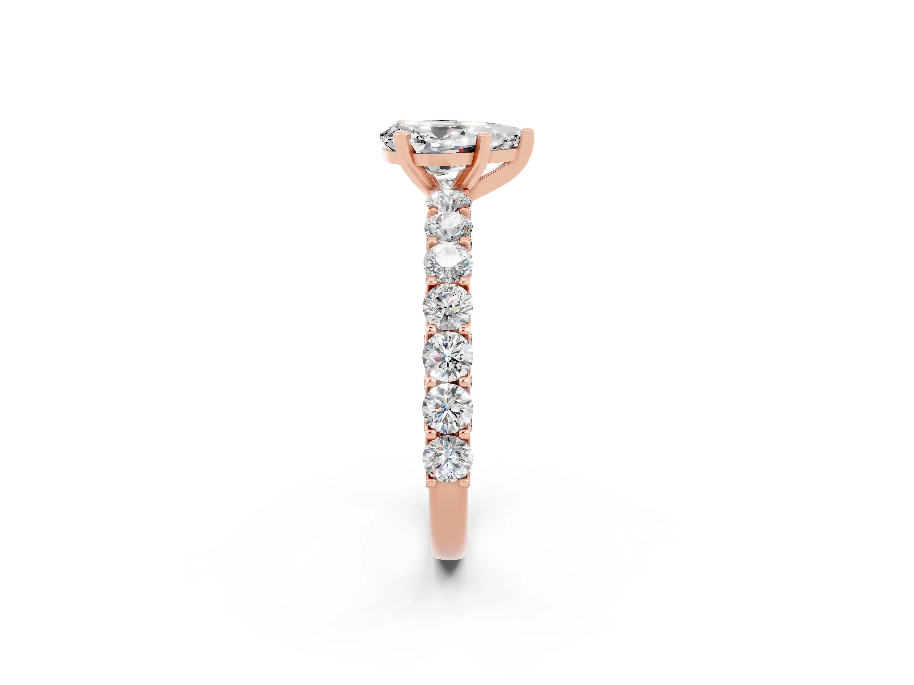 Rose gold Pear Cut Moissanite Solitaire Ring with Shared Prong Pavé Band and Four-Prong Setting_14