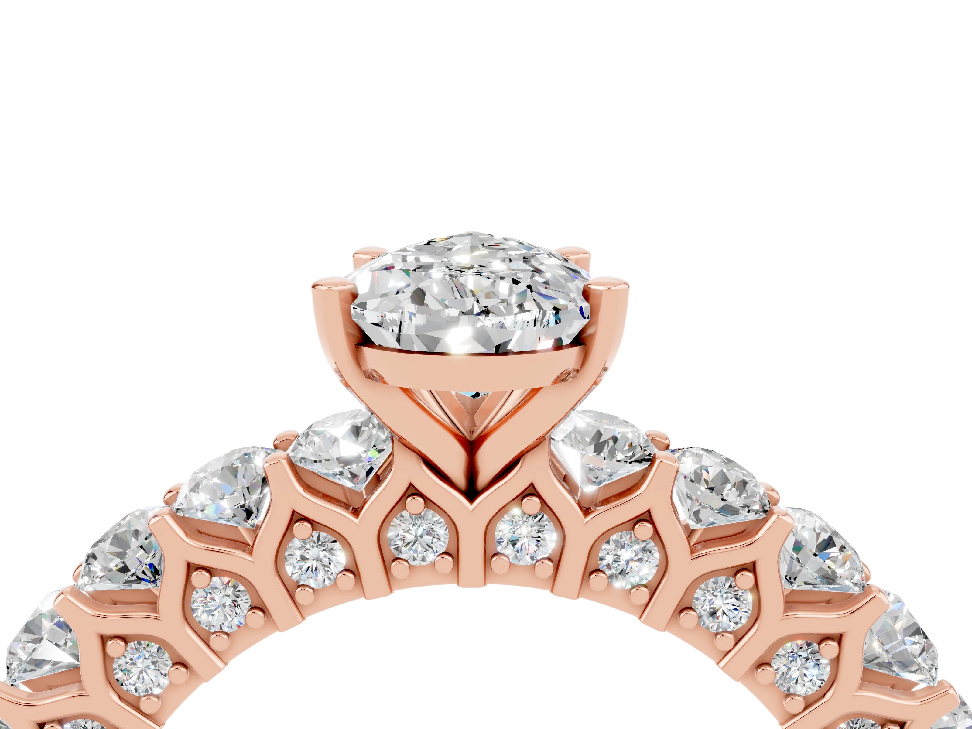 Rose gold Pear Cut Moissanite Solitaire Ring with Shared Prong Pavé Band and Four-Prong Setting_16