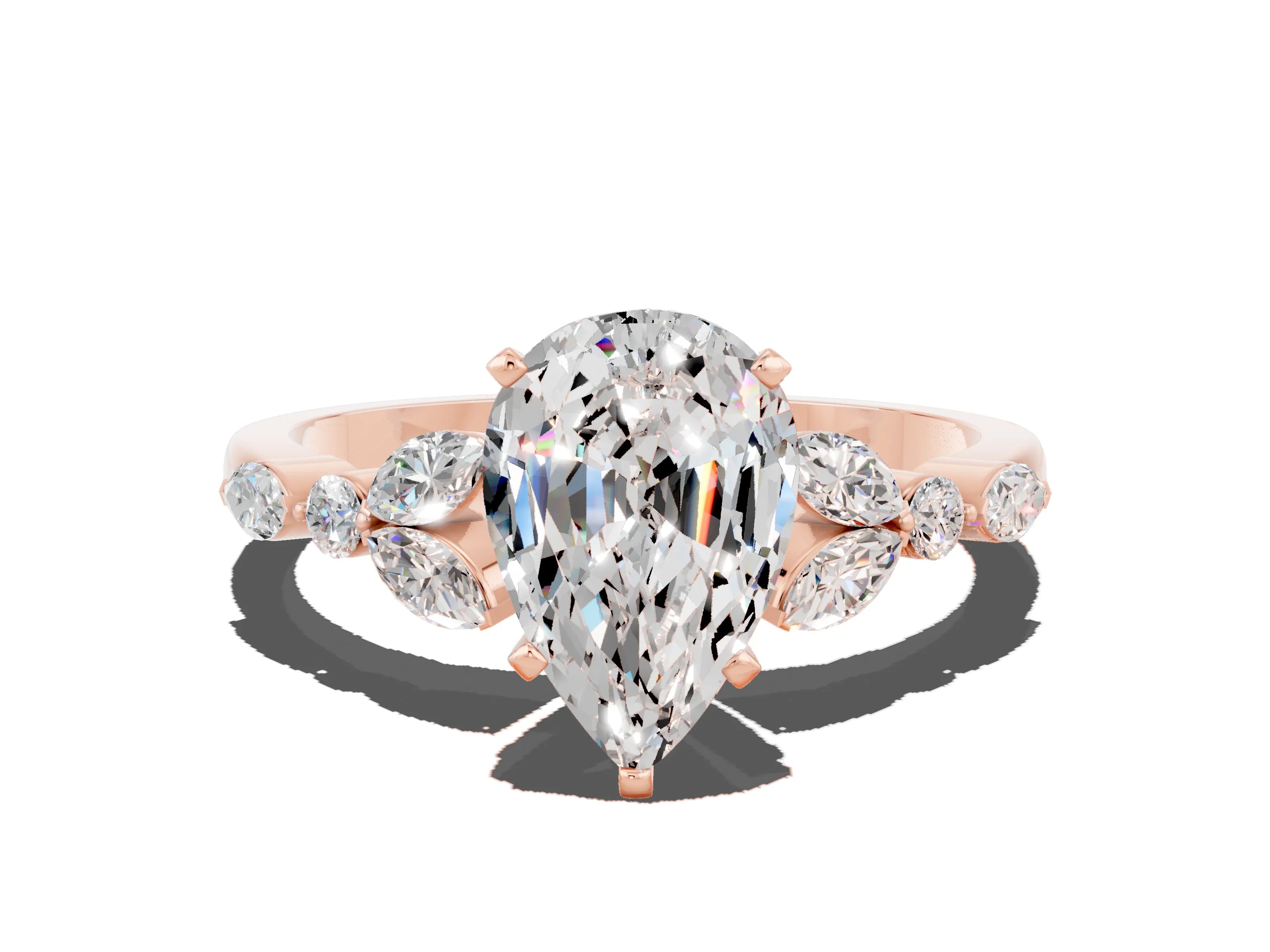 Rose gold Pear Cut Moissanite Solitaire Ring with Side Stones and Four-Prong Setting_12