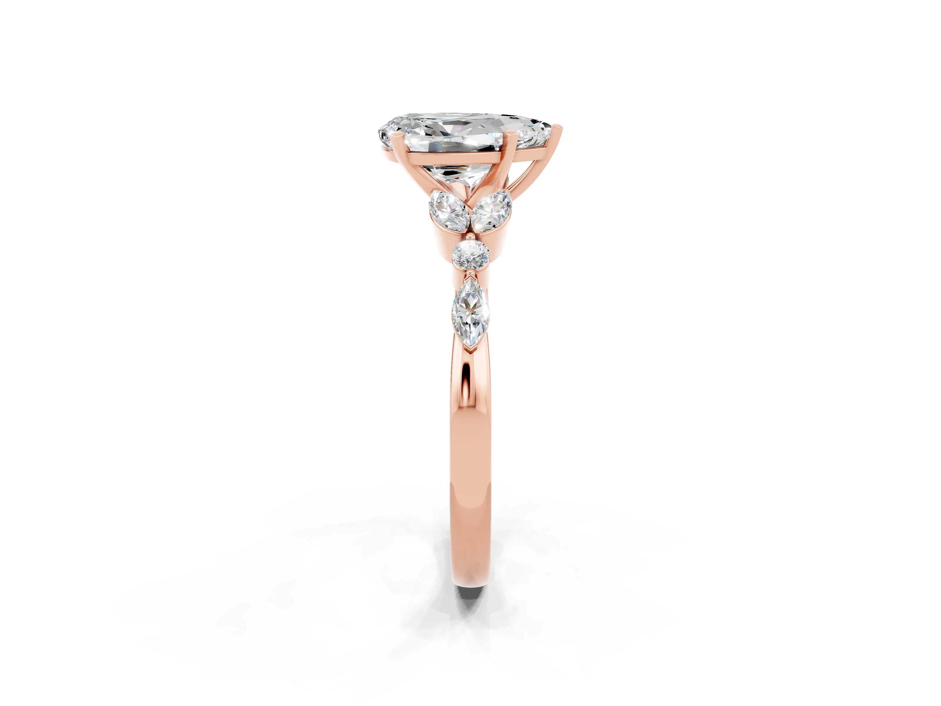 Rose gold Pear Cut Moissanite Solitaire Ring with Side Stones and Four-Prong Setting_14