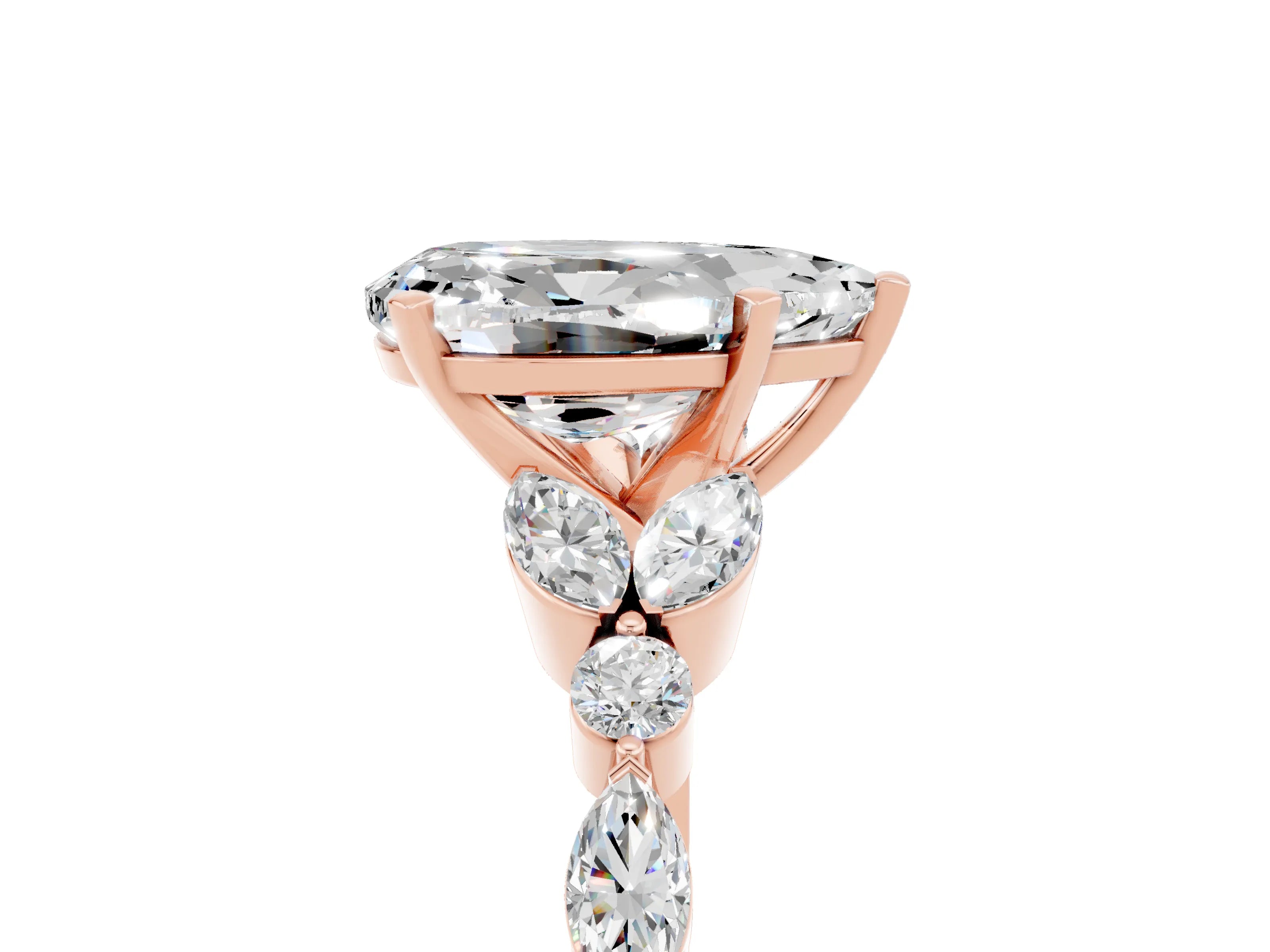 Rose gold Pear Cut Moissanite Solitaire Ring with Side Stones and Four-Prong Setting_17
