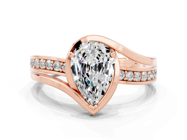 Rose gold Pear Cut Moissanite Solitaire Ring with Split Shank and Prong Setting