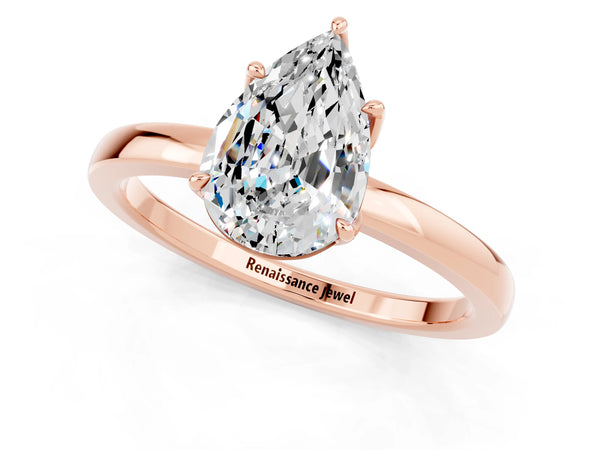 Rose gold Pear Cut Moissanite Solitaire Ring with Thin Band and Prong Setting