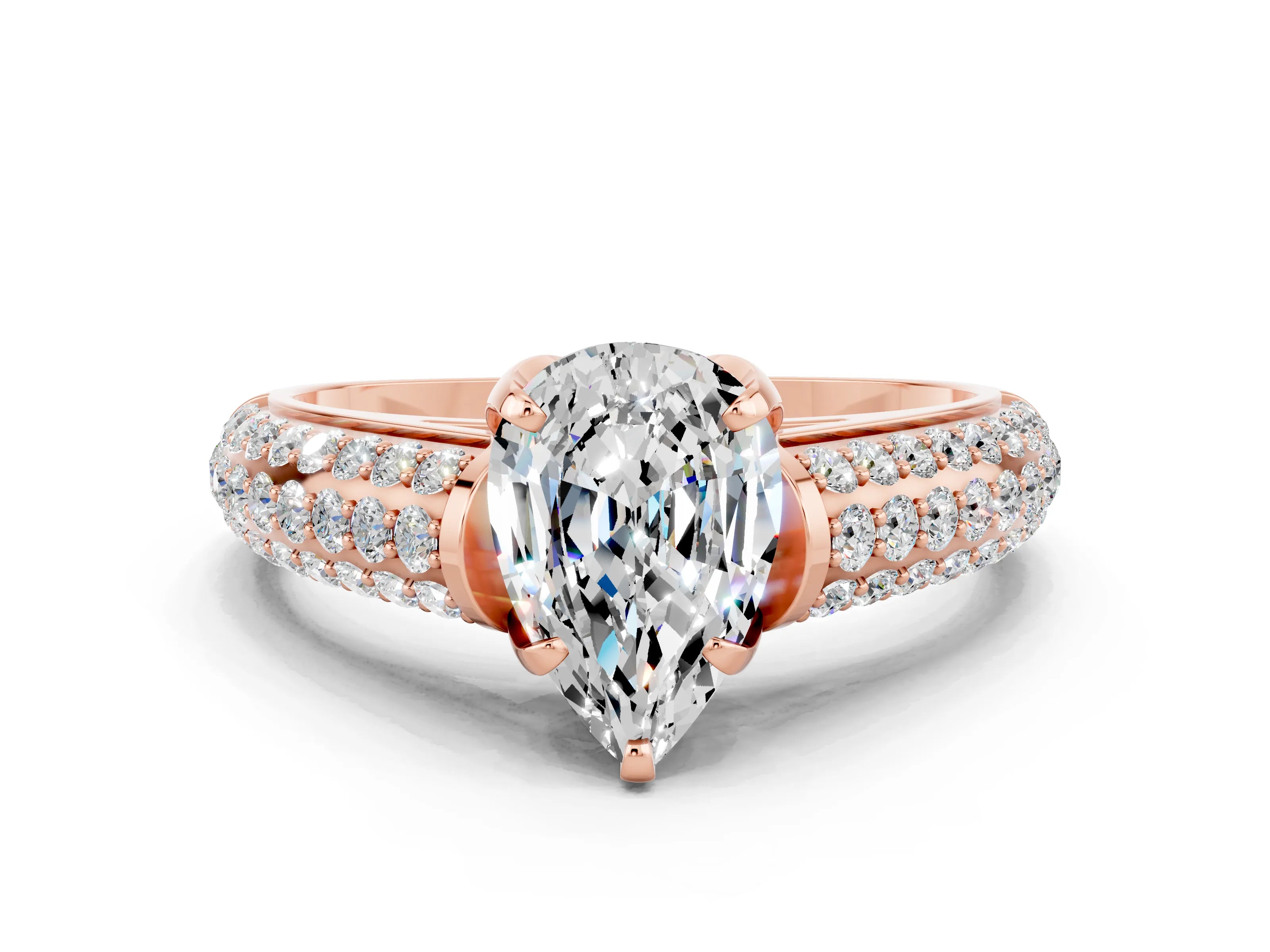 Rose gold Pear Cut Moissanite Solitaire Ring with Three-Row Pavé Band and Four-Prong Setting_12