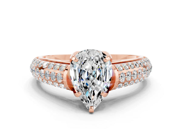 Rose gold Pear Cut Moissanite Solitaire Ring with Three-Row Pavé Band and Four-Prong Setting