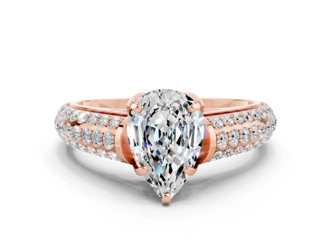 Rose gold Pear Cut Moissanite Solitaire Ring with Three-Row Pavé Band and Four-Prong Setting_12